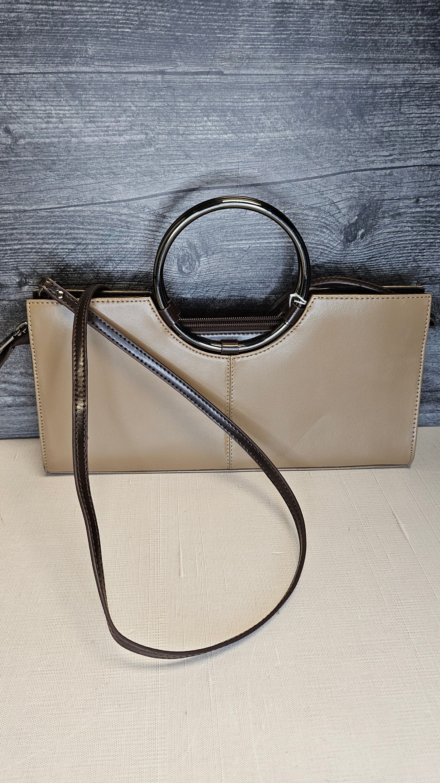 Daniela Moda Taupe/Chocolate Leather Purse (30cmx15cmx4cm)