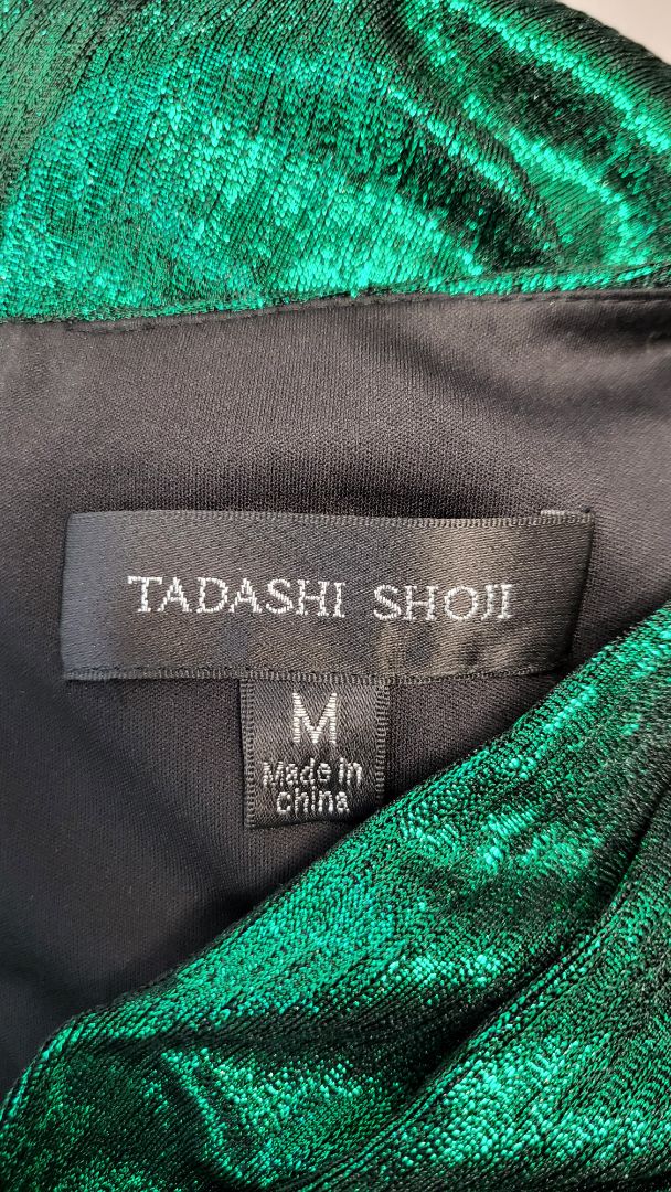 Tadashi Shoji Metallic Green Edana Waterfall Gown (10-12)