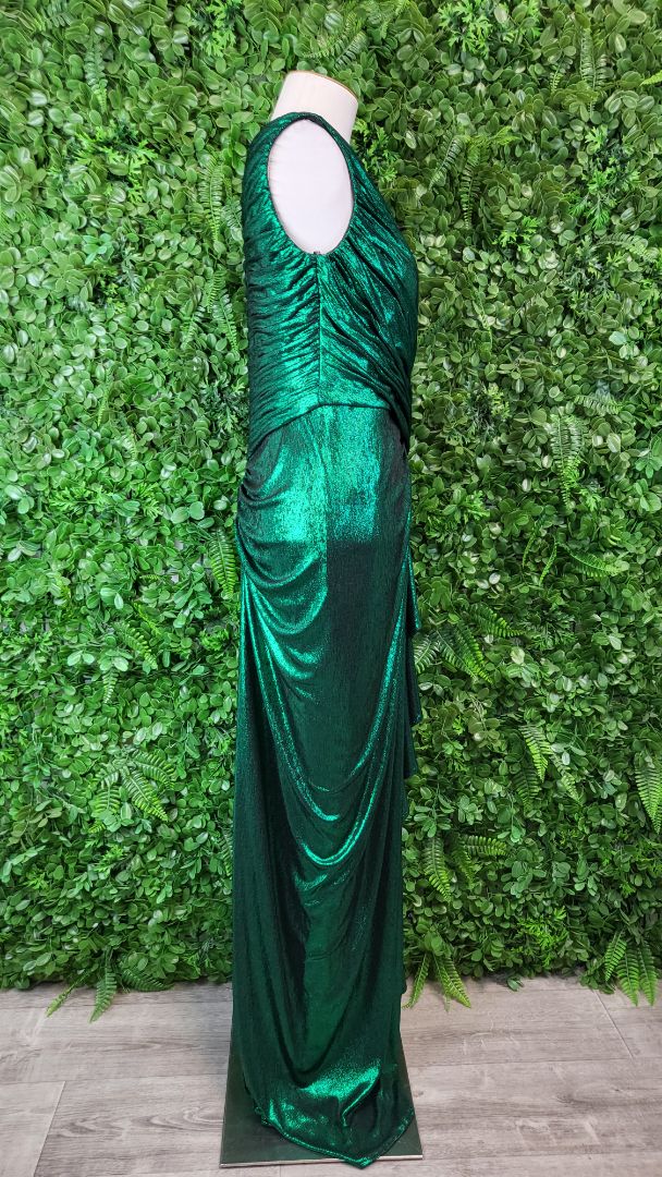 Tadashi Shoji Metallic Green Edana Waterfall Gown (10-12)