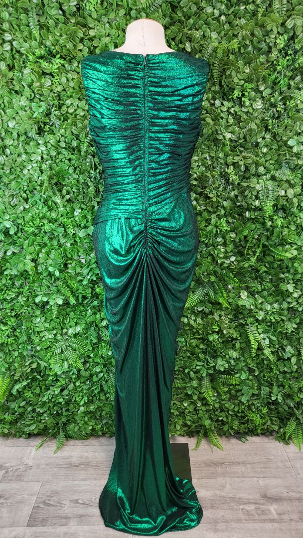 Tadashi Shoji Metallic Green Edana Waterfall Gown (10-12)