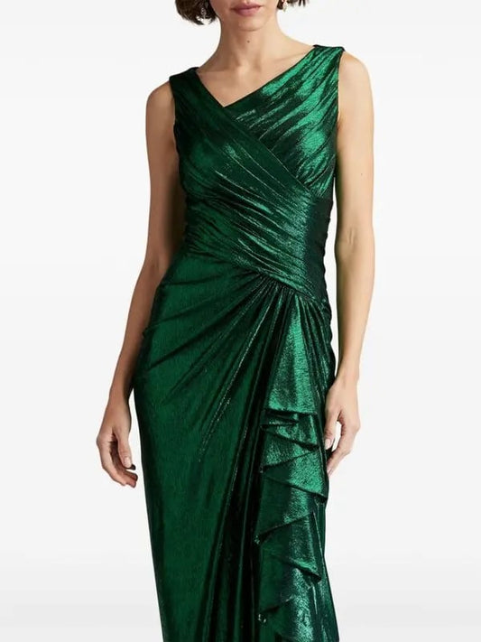 Tadashi Shoji Metallic Green Edana Waterfall Gown (10-12)